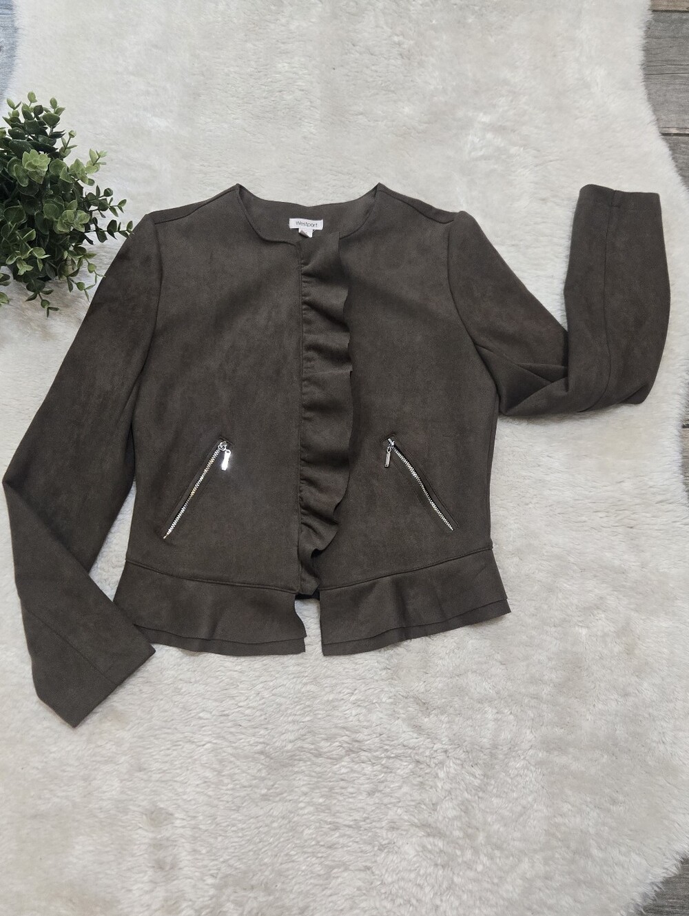 Westport Green Taupe Faux Suede Ruffle Edy Collarless Zipper Jacket, XS